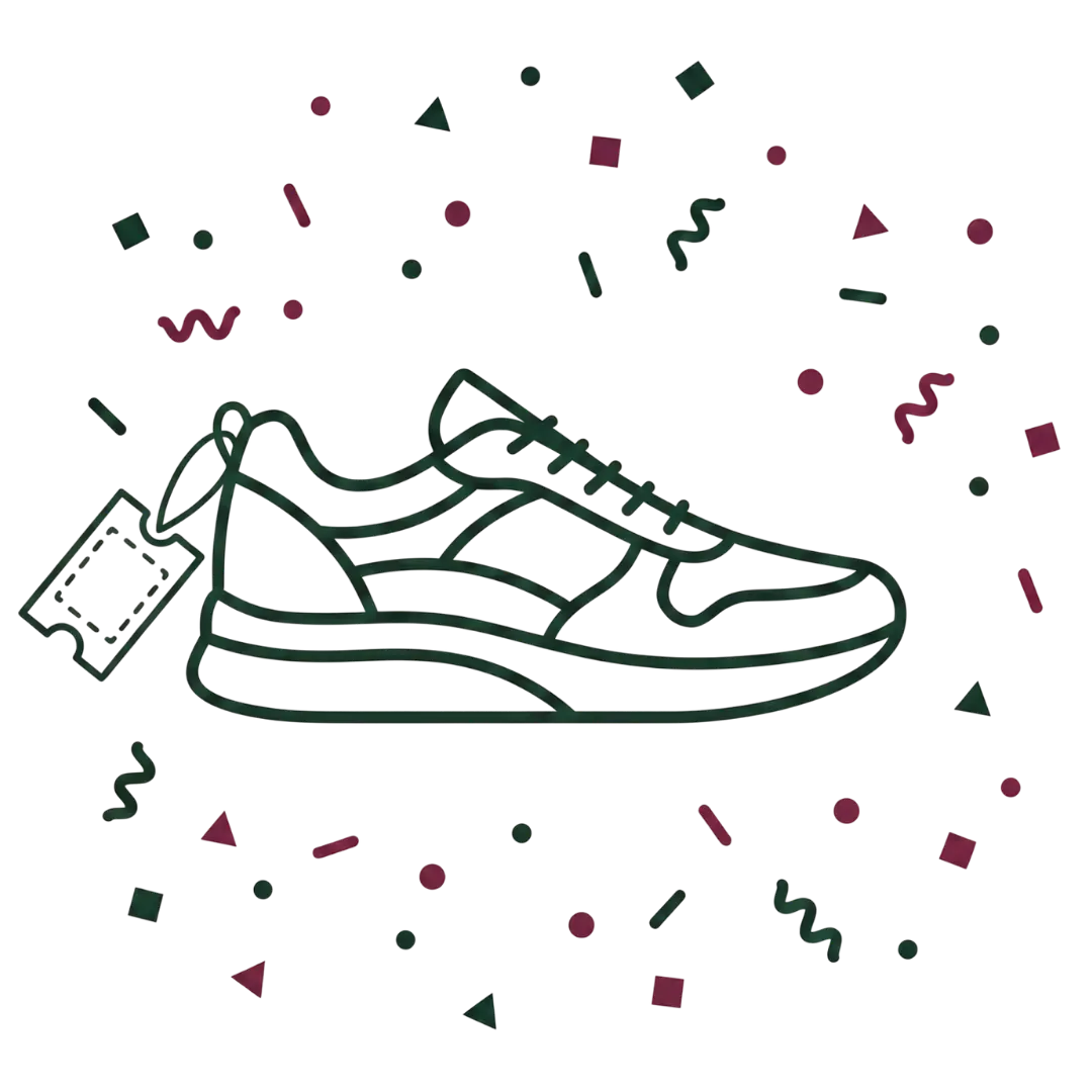 A minimalist black line art illustration of a sneaker with a price tag hanging from the laces, surrounded by scattered confetti on a white background.
